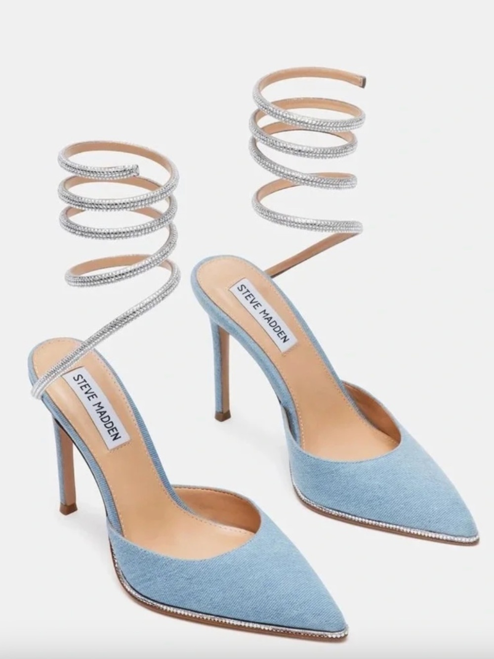Steve Madden Emerson Denim Rhinestone Crystal Ankle Wrap Coil Heel Size 6